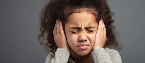 Small girl frowning and covering her ears