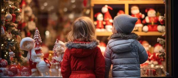 Two small children looking through a decorated Christmas display window