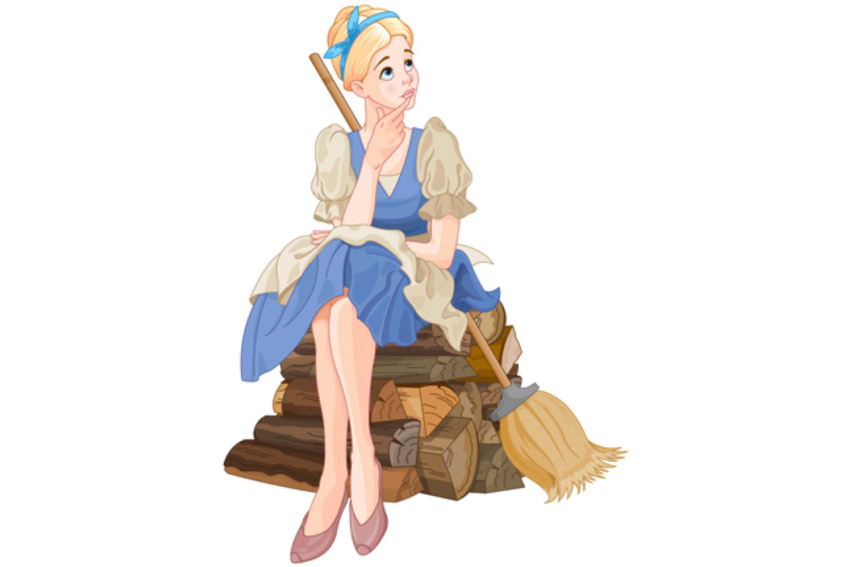 Cartoon Cinderella sitting on wood pile with broom
