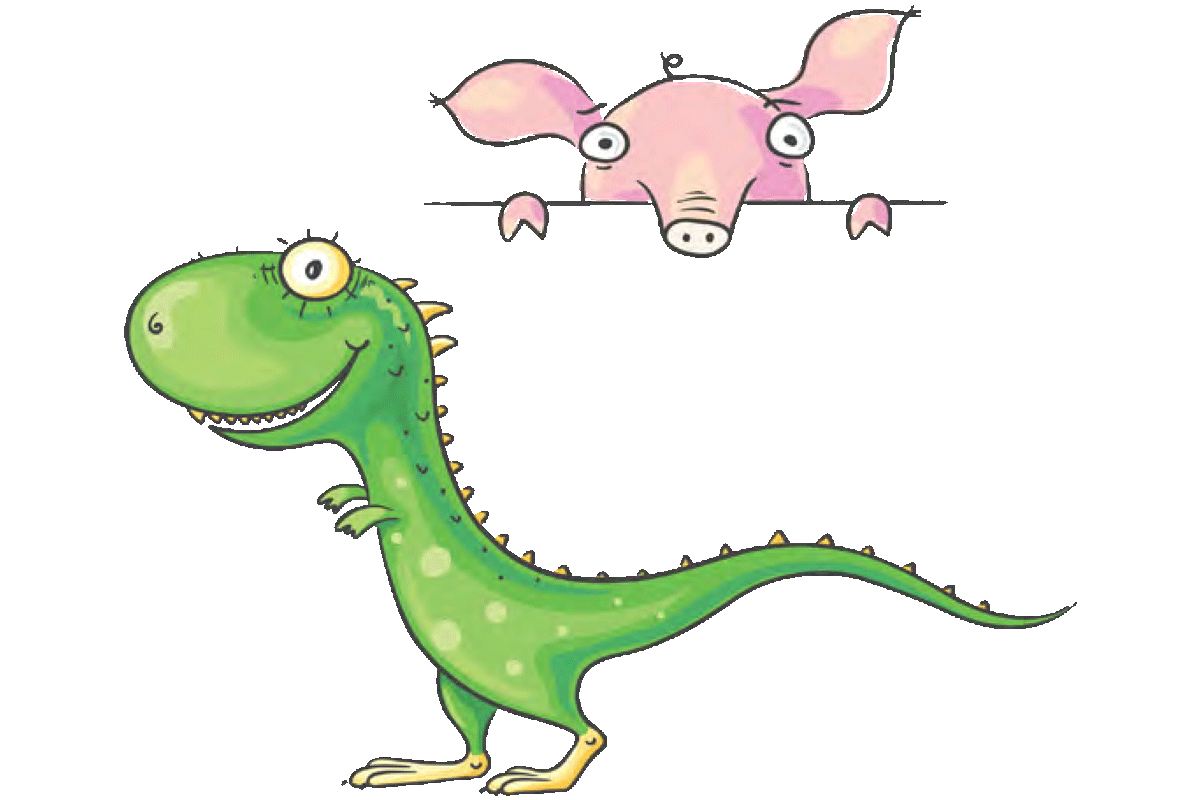 Cartoon dinosaur and pig illustrations