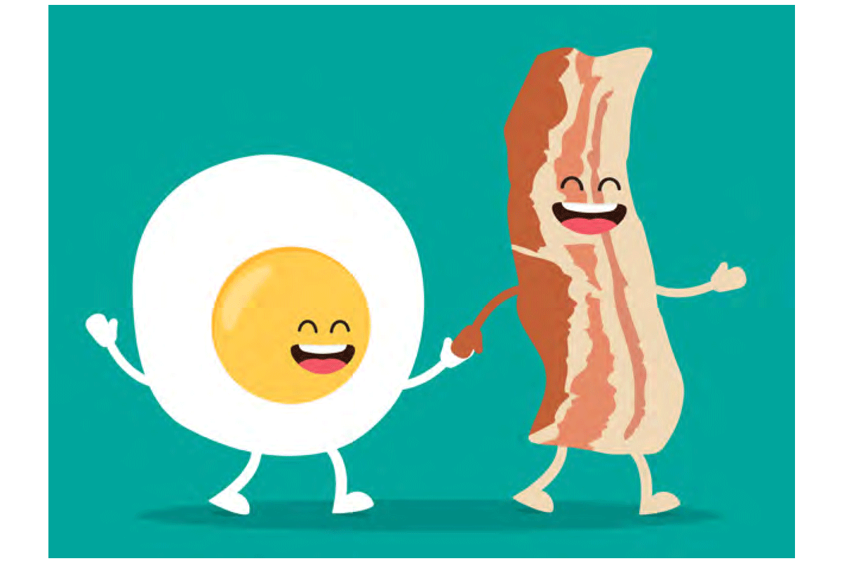 Cartoon Egg and Bacon with smiley faces and arms and legs