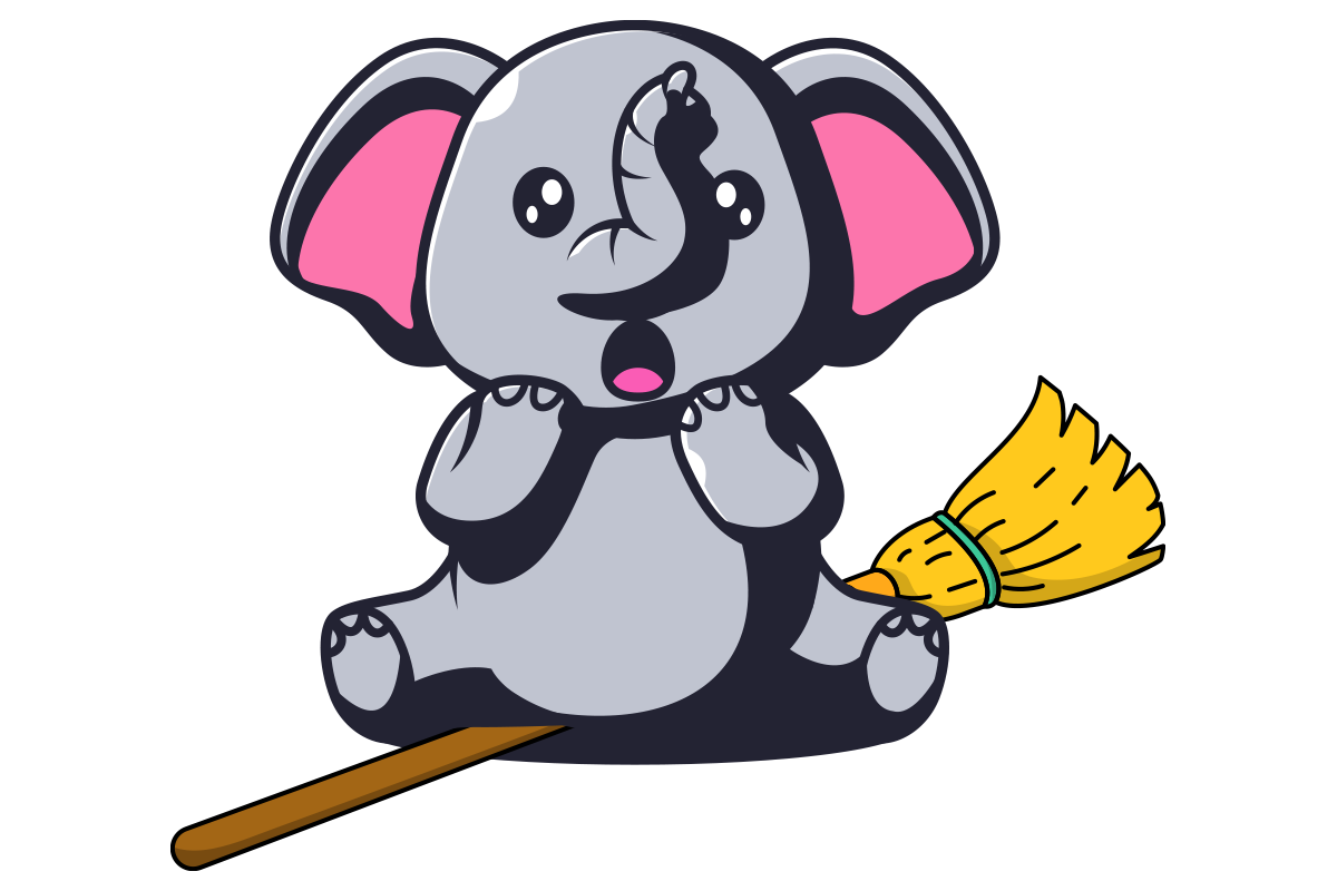 Cartoon baby elephant sitting on a broom