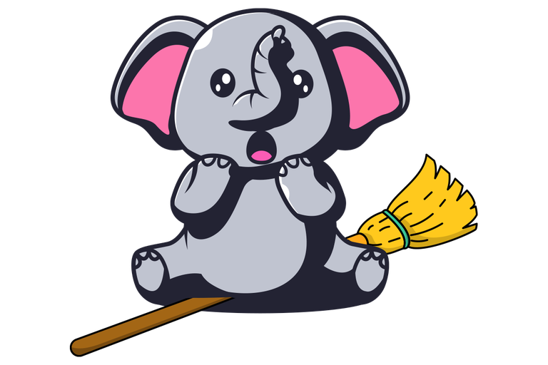 Cartoon elephant sitting on a broom