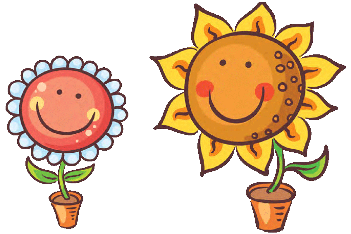 Two cartoon flowers in pots with smiling faces.