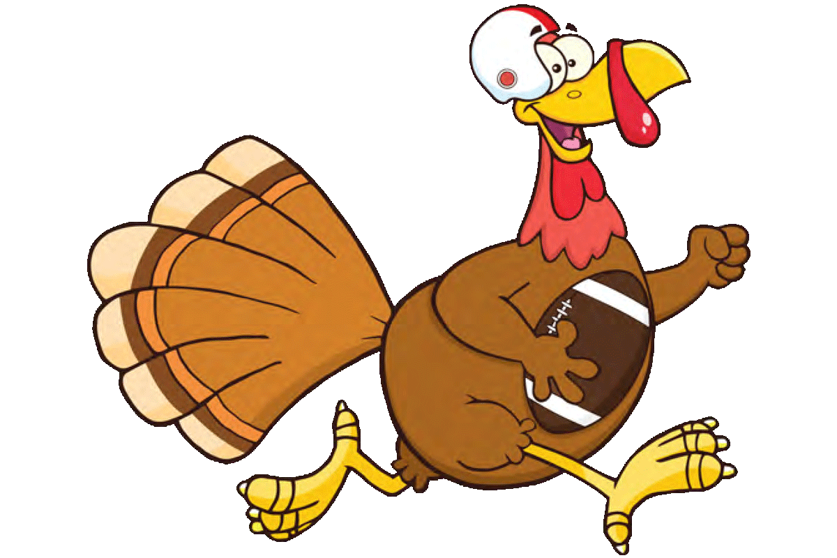 Cartoon turkey with football and helmet
