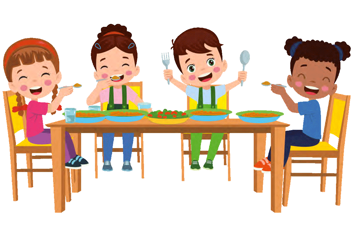 4 cartoon kids sitting at a table smiling and eating