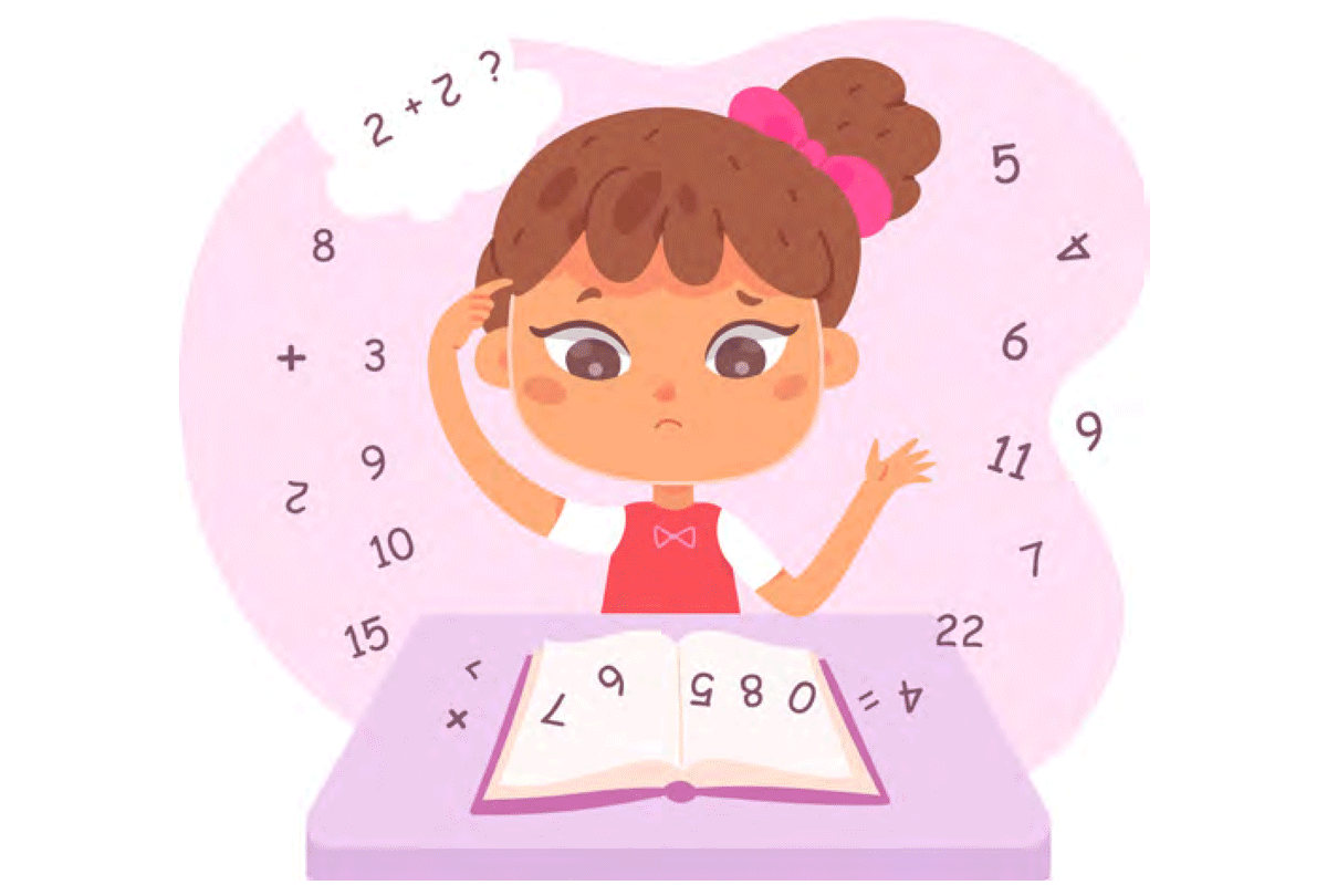 Cartoon girl looking at math book
