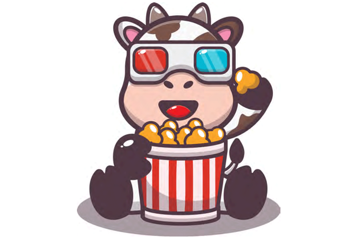 Cartoon cow with bucket of popcorn and 3D glasses