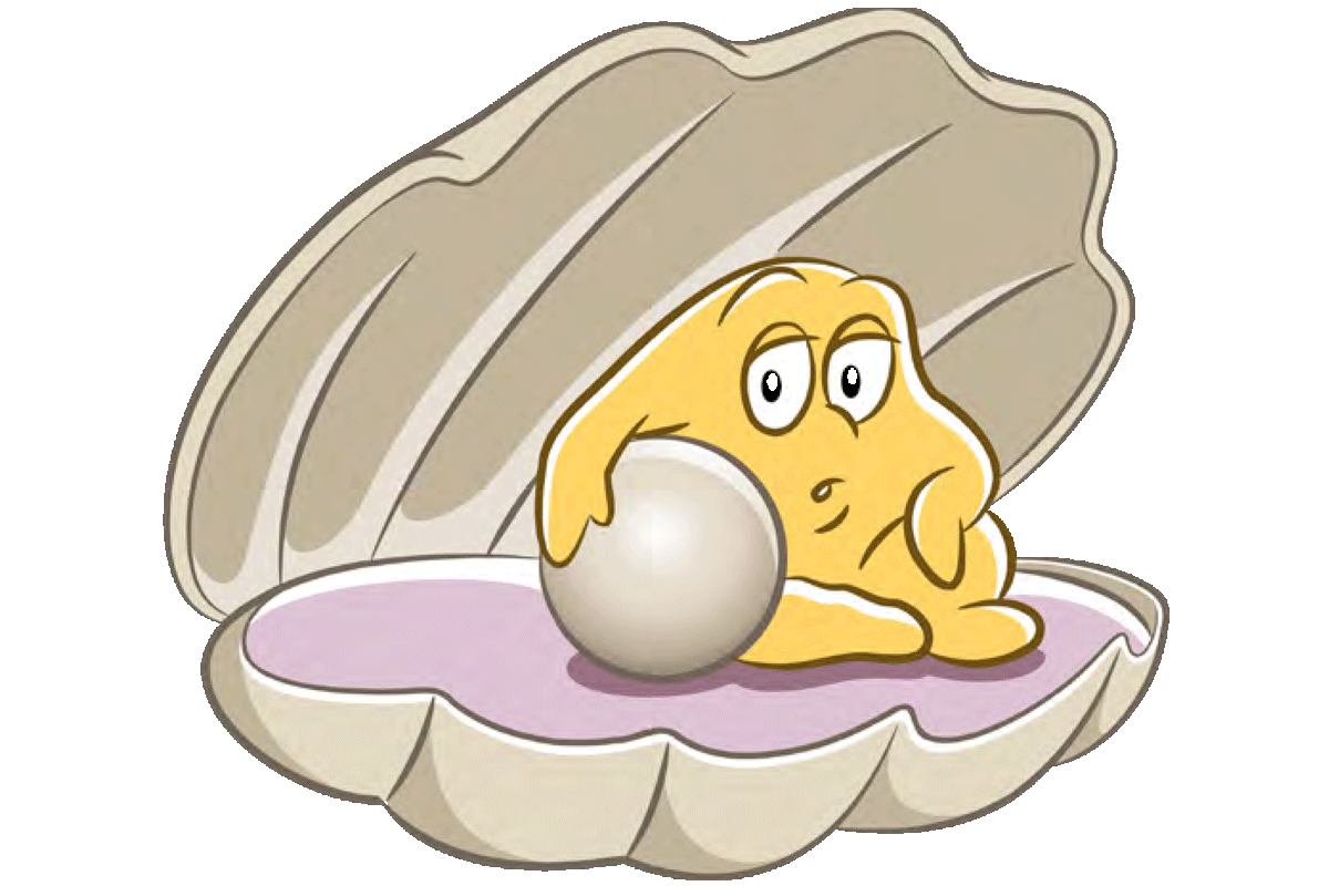 Cartoon oyster sitting in shell holding a pearl