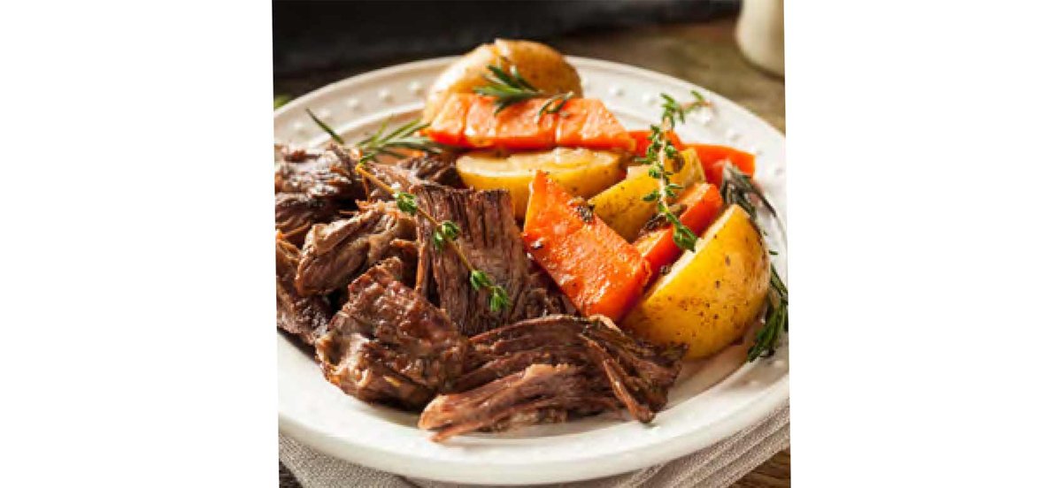 Plate of roast beef with potatoes and carrots