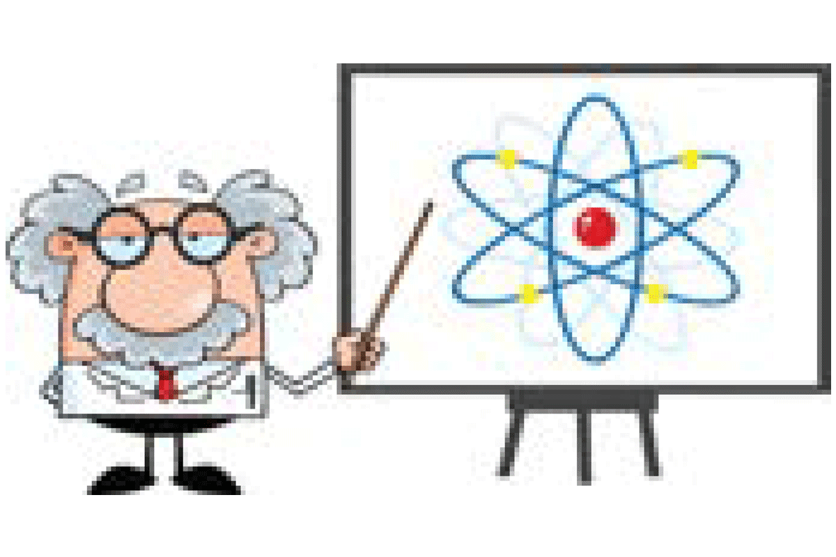 Cartoon scientist pointing at board with a atom