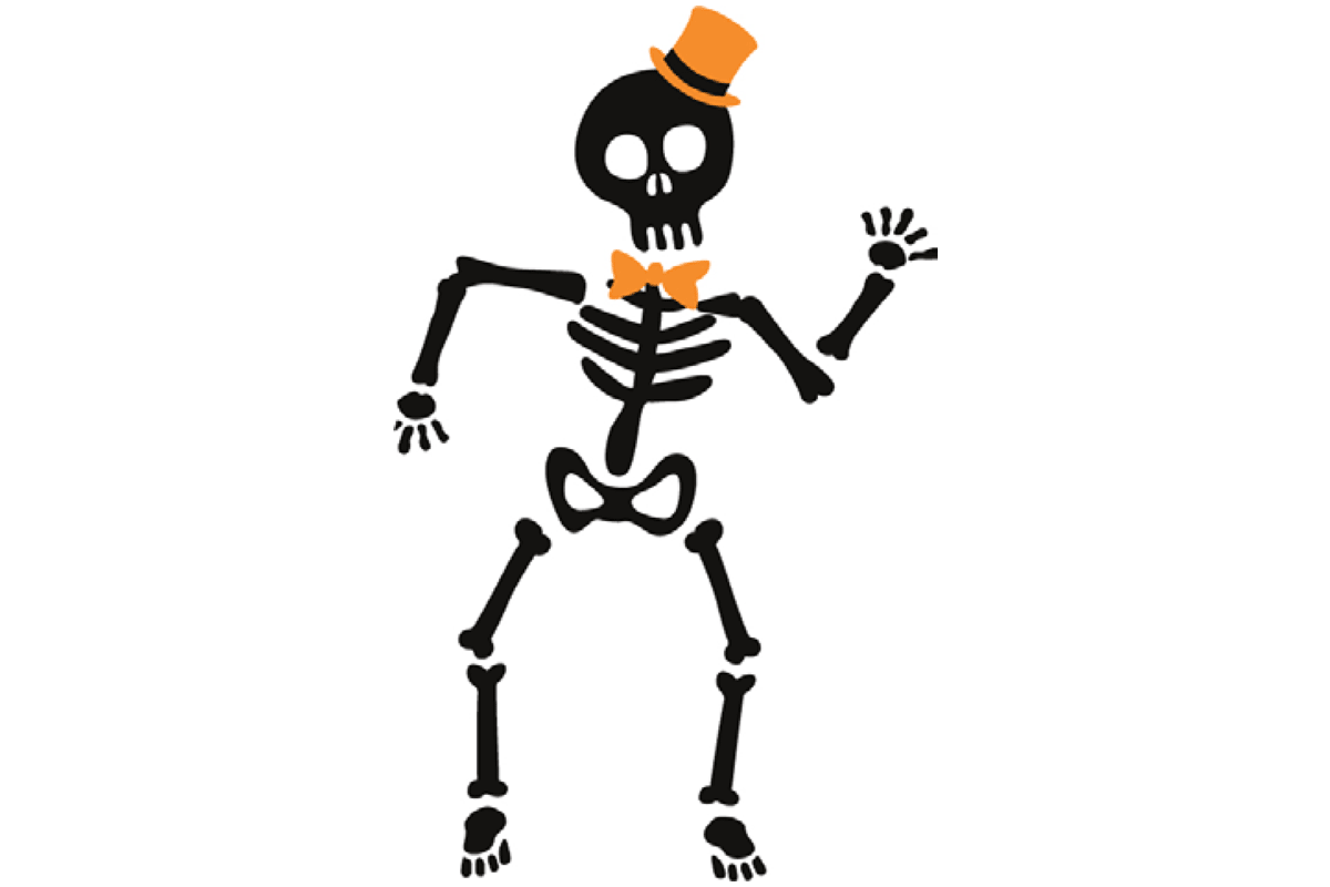Cartoon skeleton with orange top hat and bow tie