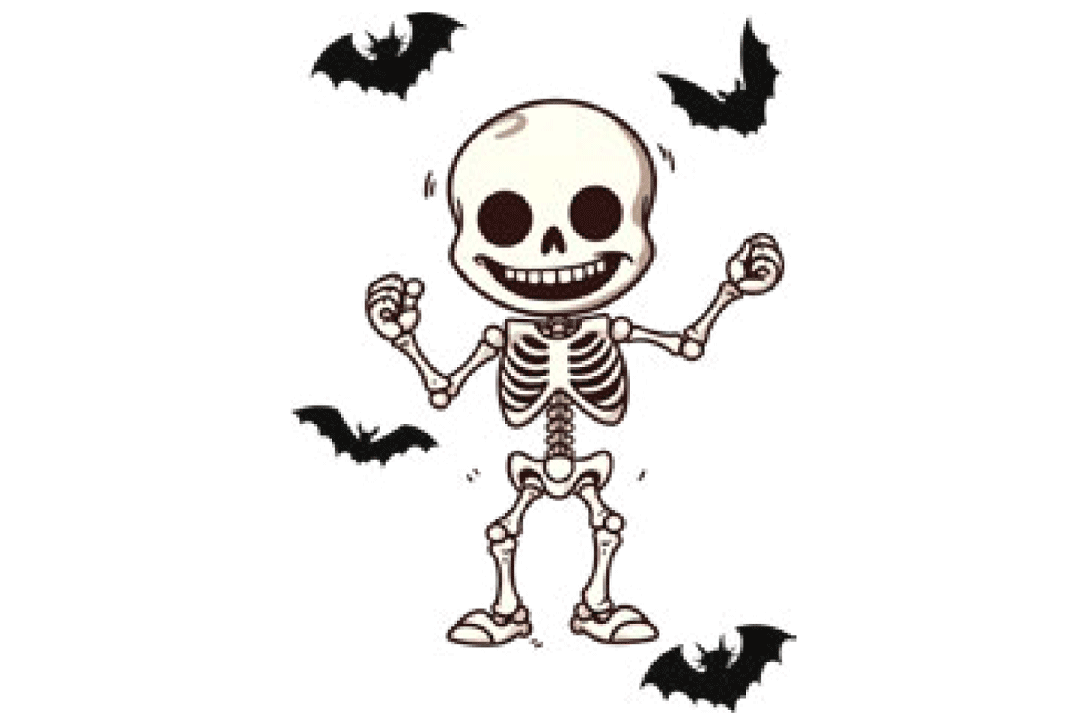 Cartoon dancing skeleton with bats flying around