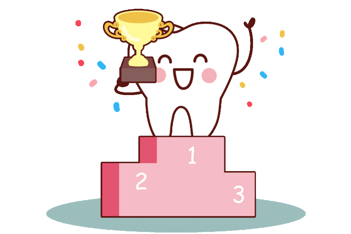 Cartoon on winner's podium with trophy and confetti